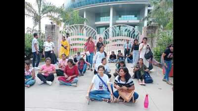 BBAU hostel inmates staging sit-in on Tuesday. (HT)