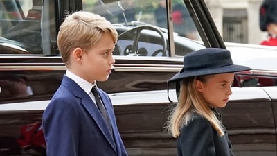 Queen Elizabeth II's Funeral: Prince George and Princess Charlotte arrive at the Committal Service for Queen Elizabeth II. (Reuters)
