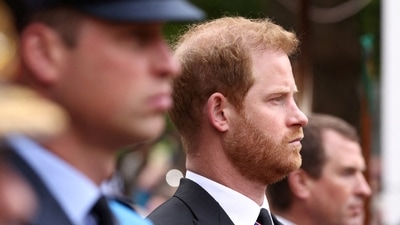 Queen Elizabeth II's Funeral: Britain's William, Prince of Wales and Britain's Prince Harry, Duke of Sussex attend the state funeral. (Reuters)