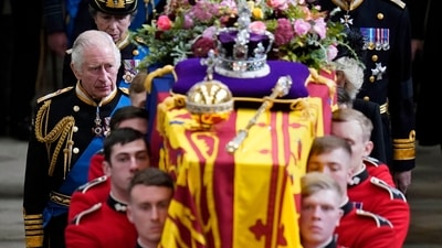 Queen Elizabeth II's Funeral: King Charles III and members of the Royal family follow behind the coffin of Queen Elizabeth II. (AP) Queen Elizabeth II's Funeral: King Charles III and members of the Royal family follow behind the coffin of Queen Elizabeth II. (AP)