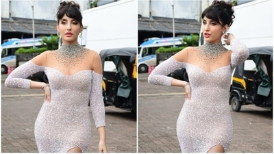 Nora Fatehi is an absolute goddess in pearl white thigh-slit gown for Jhalak Dikhhla Jaa 10 (HT Photo/Varinder Chawla) Nora Fatehi is an absolute goddess in pearl white thigh-slit gown for Jhalak Dikhhla Jaa 10 (HT Photo/Varinder Chawla)