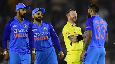 Mohali: Australian batsman Mathew Wade accepts greetings from India's Hardik Pandya for his team's victory in the first T20 match (PTI) Mohali: Australian batsman Mathew Wade accepts greetings from India's Hardik Pandya for his team's victory in the first T20 match (PTI)