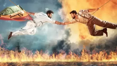 Jr NTR and Ram Charan in a still from SS Rajamouli's RRR. Jr NTR and Ram Charan in a still from SS Rajamouli's RRR.