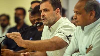 Congress leader Rahul Gandhi addressed a press conference at the AICC HQ in New Delhi, India, on Friday, August 5, 2022. Also seen in picture is Rajasthan CM Ashok Gehlot. (Photo by Raj K Raj/ Hindustan Times)