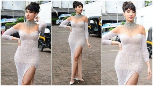 Nora Fatehi serves glamour in this jaw-dropping pearl white gown. (HT Photo/Varinder Chawla) Nora Fatehi serves glamour in this jaw-dropping pearl white gown. (HT Photo/Varinder Chawla)