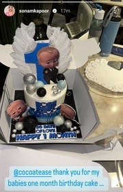 Sonam Kapoor shared photo of a cake made especially for her baby's first month anniversary. Sonam Kapoor shared photo of a cake made especially for her baby's first month anniversary. 