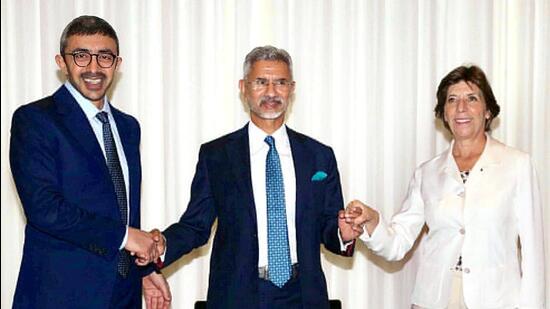 External Affairs Minister S. Jaishankar participates in the India-UAE-France trilateral Ministerial meeting with counterparts Abdullah bin Zayed Al Nahyan and Catherine Colonna, in New York on Tuesday. (S Jaishankar Twitter)