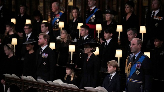 Queen Elizabeth II's Funeral: Meghan, Duchess of Sussex, Prince Harry, the Duke of Sussex, Princess Charlotte, Kate the Princess of Wales, Prince George and Prince William sing.(AP)