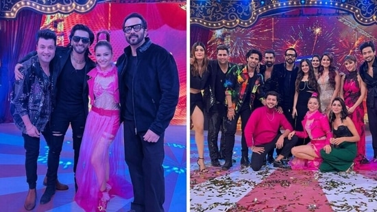 Rubina Dilaik poses with Ranveer Singh, Rohit Shetty, Varun Sharma and contestants on the Grand Finale of Khatron Ke Khiladi 12. &nbsp;