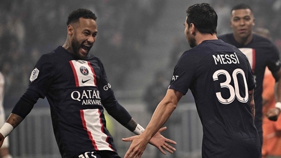 Lionel Messi and Neymar celebrate PSG's goal vs Lyon.(AFP)