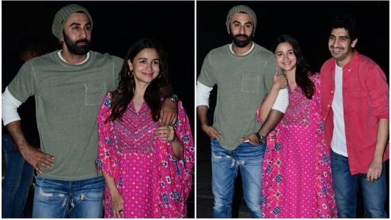 Alia Bhatt and Ranbir Kapoor posed with their film Brahmastra's director Ayan Mukerji.(HT Photo/Varinder Chawla)