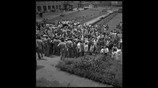 23 June 1975 - Lawyers Nani Palkhivala, HKL Bhagat and others coming out of the Supreme Court after the hearing of case against PM Indira Gandhi on elections in which she was accused of misuse of her official powers. Justice Jagmohanlal Sinha invalidated Gandhi’s win and barred her from holding elected office for six years. The decision led to the imposition of a state of emergency by the government from 1975 to 1977. (HT Photo by Virendra Prabhakar) 23 June 1975 - Lawyers Nani Palkhivala, HKL Bhagat and others coming out of the Supreme Court after the hearing of case against PM Indira Gandhi on elections in which she was accused of misuse of her official powers. Justice Jagmohanlal Sinha invalidated Gandhi’s win and barred her from holding elected office for six years. The decision led to the imposition of a state of emergency by the government from 1975 to 1977. (HT Photo by Virendra Prabhakar)