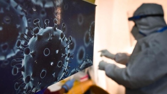 Coronavirus: An illustration of the novel coronavirus seen next to a health care worker at a Covid-19 testing centre in New Delhi. (Sanchit Khanna / HT Photo)