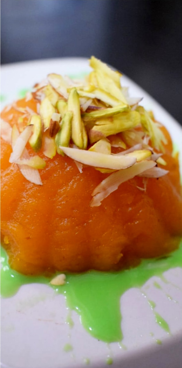 Kesari Potato Halwa with Silken Pistachio Rabdi