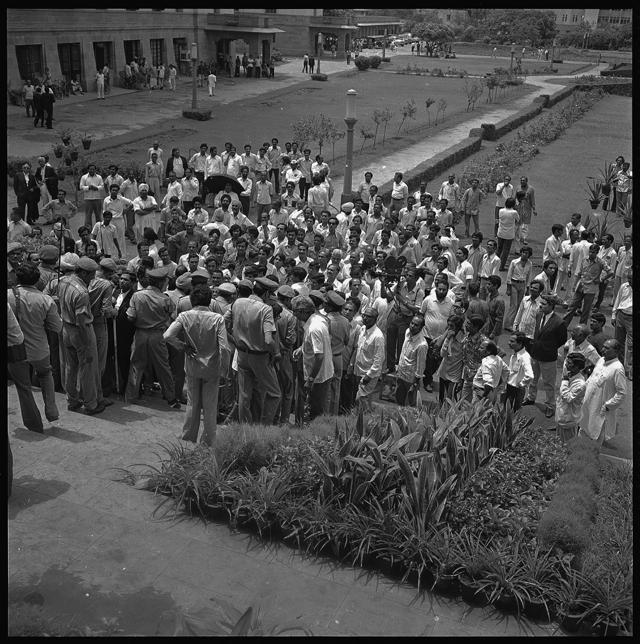 23 June 1975 - Lawyers Nani Palkhivala, HKL Bhagat and others coming out of the Supreme Court after the hearing of case against PM Indira Gandhi on elections in which she was accused of misuse of her official powers. Justice Jagmohanlal Sinha invalidated Gandhi’s win and barred her from holding elected office for six years. The decision led to the imposition of a state of emergency by the government from 1975 to 1977. (HT Photo by Virendra Prabhakar)
