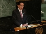 Fumio Kishida, Japan's prime minister speaks during the United Nations General Assembly.