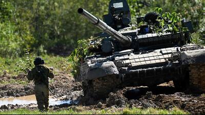 A Russian T-80 tank takes part in the 'Vostok-2022' military exercises at the Uspenovskyi training ground (Sakhalin Island) outside the city of Yuzhno-Sakhalinsk on the Russian Far East. (AFP) A Russian T-80 tank takes part in the 'Vostok-2022' military exercises at the Uspenovskyi training ground (Sakhalin Island) outside the city of Yuzhno-Sakhalinsk on the Russian Far East. (AFP)