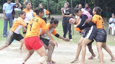 Players in action during a kabaddi match at district-level gmaes being held under the Kheda Watan Punjab Diyan in Ludhiana. (Harvinder Singh/HT)