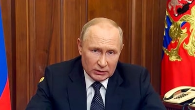 Russian President Vladimir Putin addresses the nation in Moscow, Russia, Wednesday, Sept. 21, 2022. AP/PTI (AP) Russian President Vladimir Putin addresses the nation in Moscow, Russia, Wednesday, Sept. 21, 2022. AP/PTI (AP)