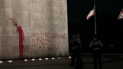 Washington Monument Vandalized: Images posted on Twitter by red paint smeared on the site. (Twitter)