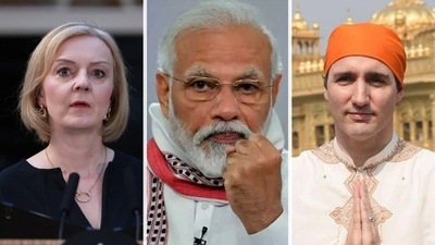 British PM Liz Truss, Prime Minister Narendra Modi and Canadian premier Justin Trudeau. British PM Liz Truss, Prime Minister Narendra Modi and Canadian premier Justin Trudeau.