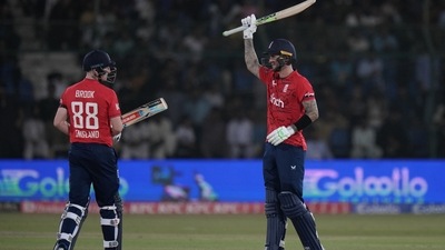 England's Alex Hales, right, celebrates after scoring fifty during the first T20I between Pakistan and England, in Karachi, Pakistan. (AP) England's Alex Hales, right, celebrates after scoring fifty during the first T20I between Pakistan and England, in Karachi, Pakistan. (AP)