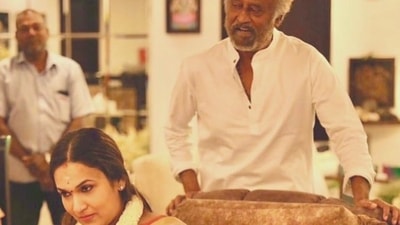 Soundarya Rajinikanth with Rajinikath and baby boy Veer. Soundarya Rajinikanth with Rajinikath and baby boy Veer.