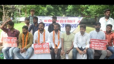 Student leaders sitting on hunger strike near AU union hall on Wednesday (HT Photo)