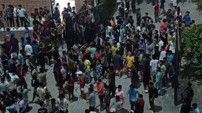 LPU students holding a protest on the campus in Phagwara on Wednesday after a 21-year-old bachelor of design student from Kerala died by suicide. (HT Photo)