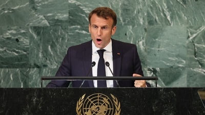 France's President Emmanuel Macron addresses the 77th Session of the United Nations General Assembly at U.N. Headquarters in New York City. (Reuters)