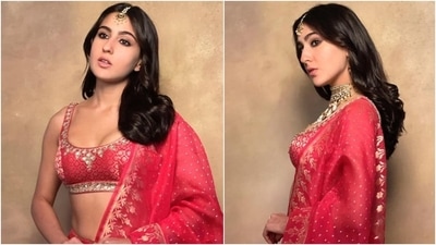Sara Ali Khan's pink lehenga has a totally festive vibe and perfect for the final day of Navratri which celebrates the colour pink. The striking pastel colour palette adorned with shimmering metallic gold thread work with a matching choli and a dupatta perfectly completes the look. Slay your final Navratri look by wearing an outfit like Sara's and be a total glam queen. (Instagram/@anitadongre) Sara Ali Khan's pink lehenga has a totally festive vibe and perfect for the final day of Navratri which celebrates the colour pink. The striking pastel colour palette adorned with shimmering metallic gold thread work with a matching choli and a dupatta perfectly completes the look. Slay your final Navratri look by wearing an outfit like Sara's and be a total glam queen. (Instagram/@anitadongre)