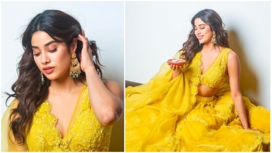 Rock the day 4 of Navratri by getting dressed up in bright yellow outfits. You can take cues from Janhvi Kapoor's breathtaking yellow lehenga set. She teamed her ensemble with dangling jhumkas and kept her hair loose. Go for a nude or rosy makeup with yellow assembles.&nbsp;(Instagram/@tanghavri)