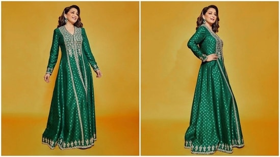 Madhuri Dixit's iconic green lehenga is a dreamy look that you can carry on the 5th day of Navratri which celebrates the colour green. The silver embroidery in contrast with the deep green hue looks remarkable. The actor wore statement earrings in green while going for nude lips and kohl eyes. Make heads turn with a gorgeous outfit like this.(Instagram/@anitadongre)