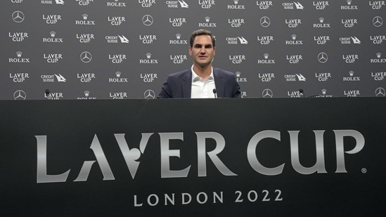 Switzerland's Roger Federer attends a media conference ahead of the Laver Cup tennis tournament at the O2 in London(AP)