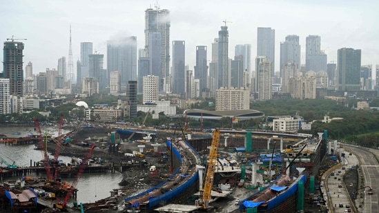 This photograph taken on September 21, 2022 shows the construction site of a coastal road project in Mumbai.(AFP)