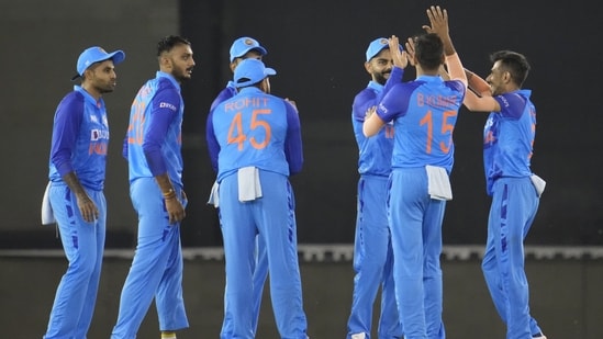 Team India players in action during 1st T20I against Australia(AP)