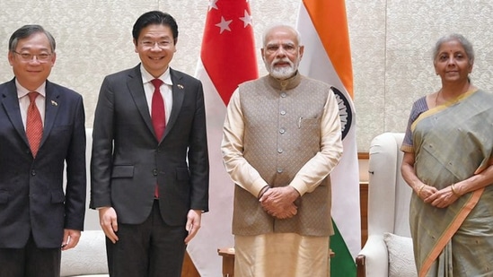 Prime Minister Narendra Modi with Deputy PM and finance minister of Singapore Lawrence Wong, minister of trade &amp; industry Gan Kim Yong and Union finance minister Nirmala Sitharaman, in New Delhi.&nbsp;(PTI)