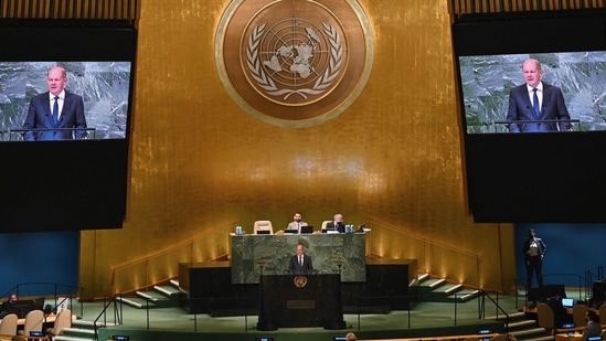 German Chancellor Olaf Scholz addresses the United Nations General Assembly.(AFP)