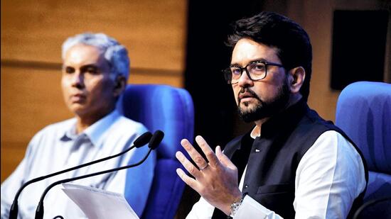 **EDS: HANDOUT PHOTO MADE AVAILABLE FROM PIB ON WEDNESDAY, SEPT. 21, 2022** New Delhi: Union Minister for Information & Broadcasting, Youth Affairs and Sports Anurag Singh Thakur addresses a press conference on Cabinet Decisions, in New Delhi, Wednesday, Sept. 21, 2022. (PTI Photo)(PTI09_21_2022_000132A) (PTI)