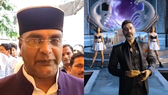 Madhya Pradesh education minister Vishvas Sarang and a clip from the trailer of 'Thank God'.