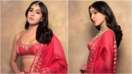 Sara Ali Khan's pink lehenga has a totally festive vibe and perfect for the final day of Navratri which celebrates the colour pink. The striking pastel colour palette adorned with shimmering metallic gold thread work with a matching choli and a dupatta perfectly completes the look. Slay your final Navratri look by wearing an outfit like Sara's and be a total glam queen.(Instagram/@anitadongre)