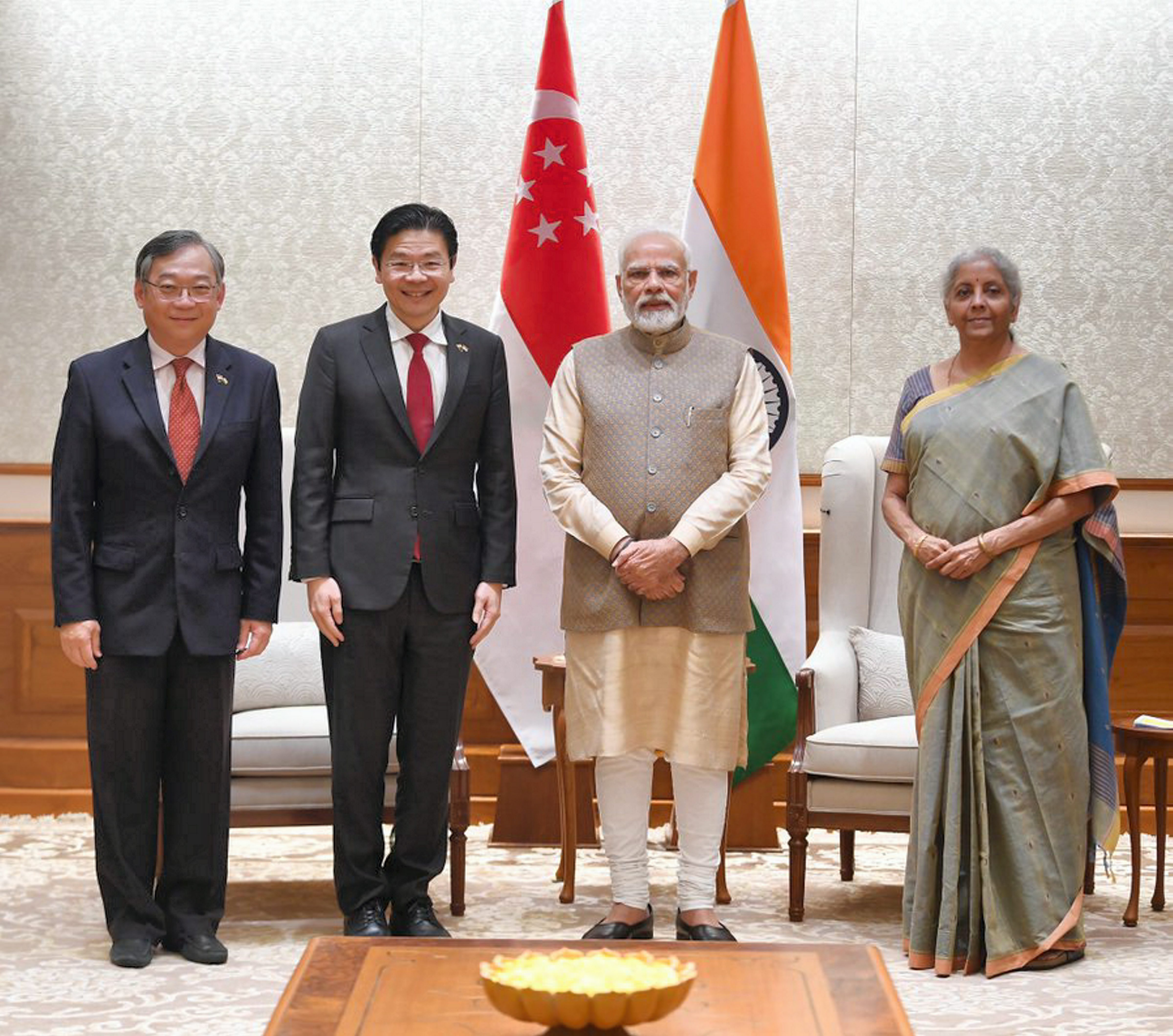 Prime Minister Narendra Modi with Deputy PM and finance minister of Singapore Lawrence Wong, minister of trade & industry Gan Kim Yong and Union finance minister Nirmala Sitharaman, in New Delhi. (PTI) Prime Minister Narendra Modi with Deputy PM and finance minister of Singapore Lawrence Wong, minister of trade & industry Gan Kim Yong and Union finance minister Nirmala Sitharaman, in New Delhi. (PTI)
