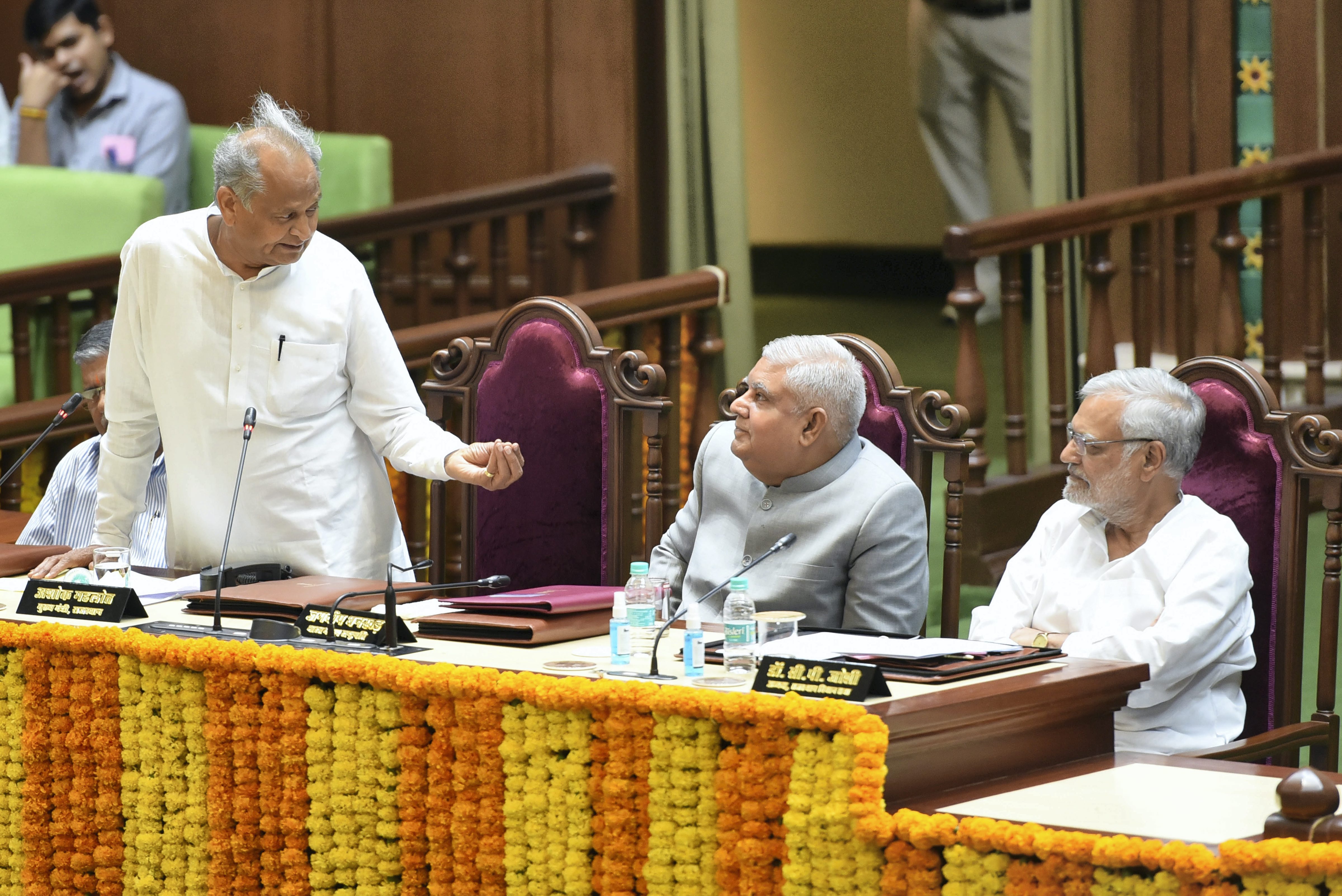 Vice President Jagdeep Dhankhar with Rajasthan chief minister Ashok Gehlot and assembly speaker CP Joshi during a felicitation ceremony at the state assembly, in Jaipur, on Tuesday, September 20, 2022. (PTI Photo)