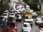 Vehicles are stuck in a long traffic jam amid a spell of heavy rain, in New Delhi on Thursday.(Sanjay Sharma) Vehicles are stuck in a long traffic jam amid a spell of heavy rain, in New Delhi on Thursday.(Sanjay Sharma)