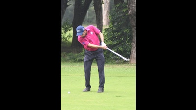A club member in action during the Chandigarh Golf League underway at the Chandigarh Golf Club. (HT Photo)