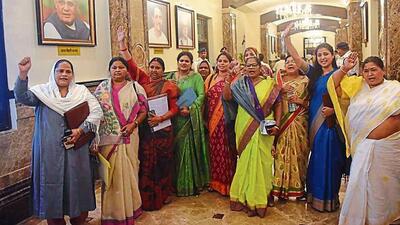 Women MLAs in the Uttar Pradesh assembly building in Lucknow on Thursday. (Deepak Gupta/HT Photo) Women MLAs in the Uttar Pradesh assembly building in Lucknow on Thursday. (Deepak Gupta/HT Photo)