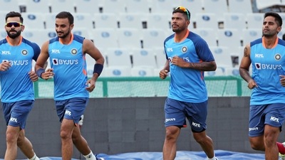 India's Virat Kohli, Harshal Patel, Suryakumar Yadav and Umesh Yadav during a practice session&nbsp; (ANI)