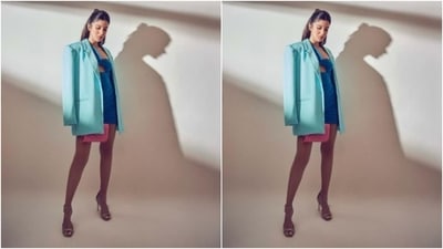 Shanaya played muse to fashion designer house Ajio Luxe and picked a little blue dress and an oversized blazer from their shelves. (Instagram/@shanayakapoor02)