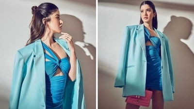 Shanaya Kapoor in blue cutout bodycon dress from her indoor photoshoot. Shanaya Kapoor in blue cutout bodycon dress from her indoor photoshoot.
