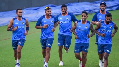  Indian cricket team players warm up during a practice session (PTI) Indian cricket team players warm up during a practice session (PTI)